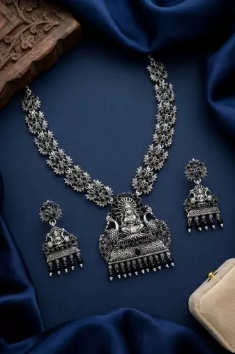 south indian temple jewelry set antique silver black haram necklace jhumka earrings ethnic bridal wedding jewelry