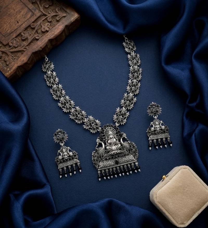 south indian temple jewelry set antique silver black haram necklace jhumka earrings ethnic bridal wedding jewelry