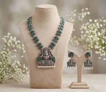 south indian temple jewelry set antique silver green haram necklace jhumka earrings ethnic bridal wedding jewelry 2