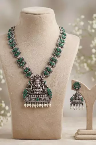 south indian temple jewelry set antique silver green haram necklace jhumka earrings ethnic bridal wedding jewelry