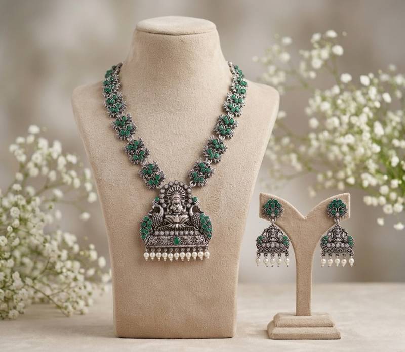 south indian temple jewelry set antique silver green haram necklace jhumka earrings ethnic bridal wedding jewelry