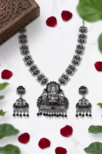 south indian temple jewelry set antique silver black haram necklace jhumka earrings ethnic bridal wedding jewelry