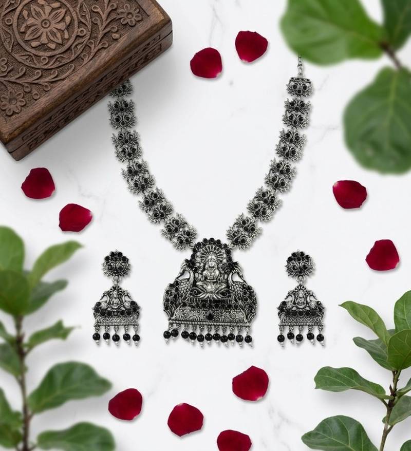 south indian temple jewelry set antique silver black haram necklace jhumka earrings ethnic bridal wedding jewelry