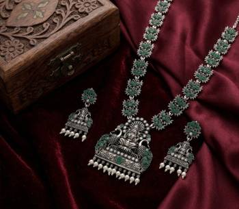 south indian temple jewelry set antique silver green haram necklace jhumka earrings ethnic bridal wedding jewelry 3