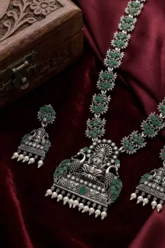 south indian temple jewelry set antique silver green haram necklace jhumka earrings ethnic bridal wedding jewelry