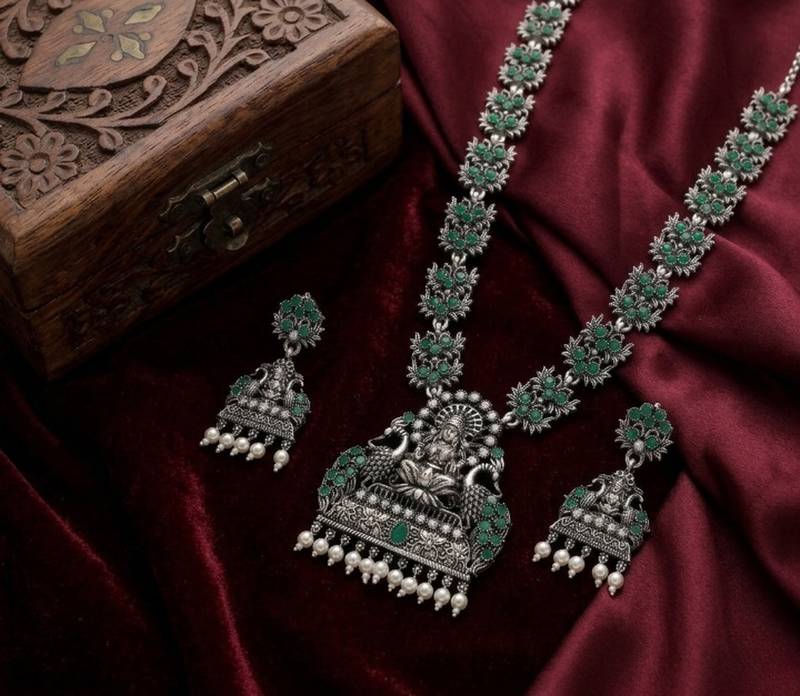south indian temple jewelry set antique silver green haram necklace jhumka earrings ethnic bridal wedding jewelry