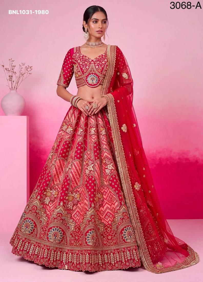 rani pink silk blend embroidered bridal lehenga choli