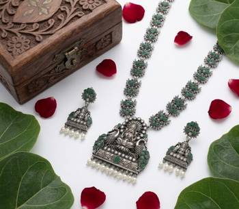 south indian temple jewelry set antique silver green haram necklace jhumka earrings ethnic bridal wedding jewelry 4