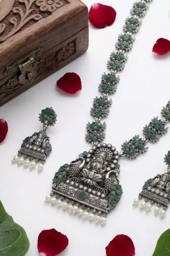 south indian temple jewelry set antique silver green haram necklace jhumka earrings ethnic bridal wedding jewelry