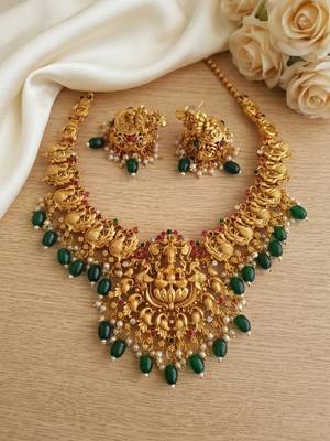 south indian temple jewelry set - goddess lakshmi necklace with jhumka earrings, green beads & pearls 1