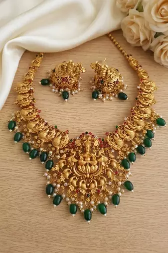 south indian temple jewelry set - goddess lakshmi necklace with jhumka earrings, green beads & pearls