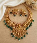 south indian temple jewelry set - goddess lakshmi necklace with jhumka earrings, green beads & pearls