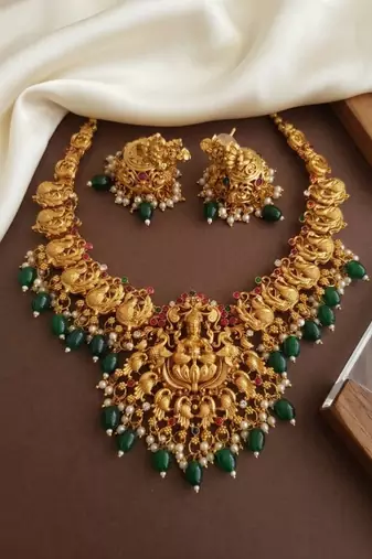 south indian temple jewelry set - goddess lakshmi necklace with jhumka earrings, green beads & pearls