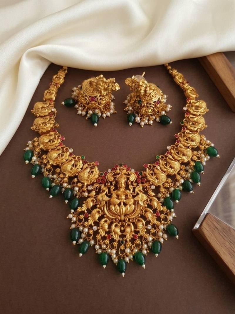 south indian temple jewelry set - goddess lakshmi necklace with jhumka earrings, green beads & pearls