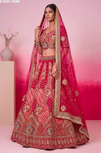 rani pink silk blend embroidered bridal lehenga choli