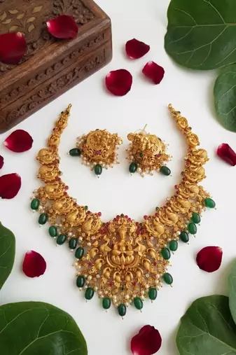 south indian temple jewelry set - goddess lakshmi necklace with jhumka earrings, green beads & pearls