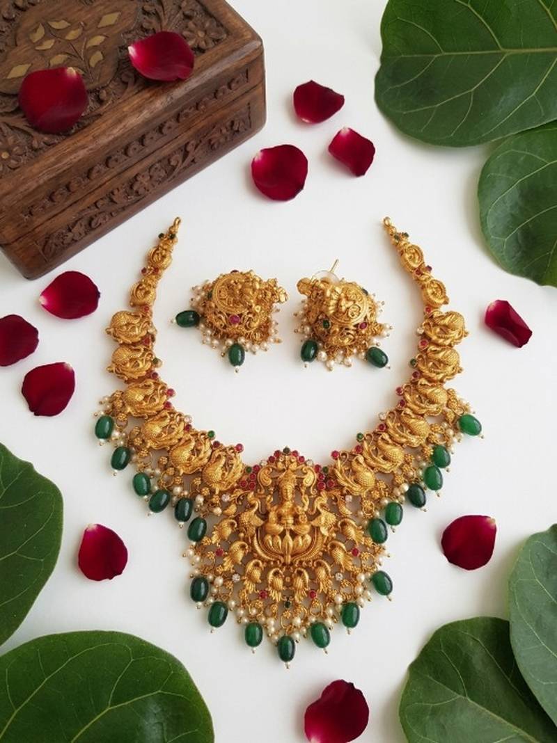 south indian temple jewelry set - goddess lakshmi necklace with jhumka earrings, green beads & pearls