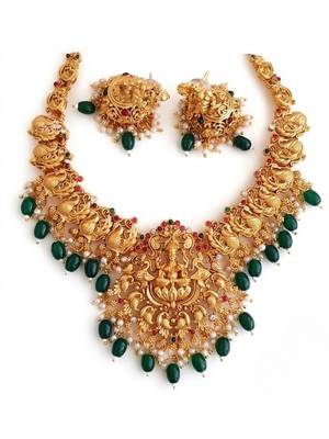 south indian temple jewelry set - goddess lakshmi necklace with jhumka earrings, green beads & pearls 4