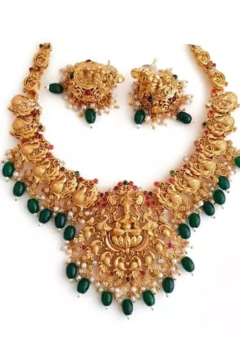 south indian temple jewelry set - goddess lakshmi necklace with jhumka earrings, green beads & pearls