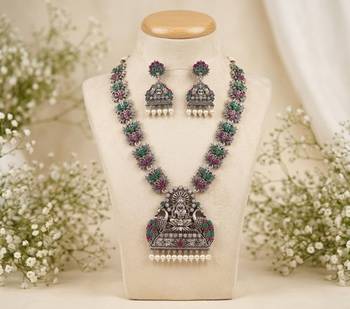 south indian temple jewelry set antique silver multicolor haram necklace jhumka earrings ethnic bridal wedding jewelry 1