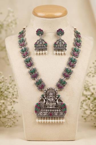 south indian temple jewelry set antique silver multicolor haram necklace jhumka earrings ethnic bridal wedding jewelry