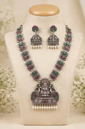 south indian temple jewelry set antique silver multicolor haram necklace jhumka earrings ethnic bridal wedding jewelry