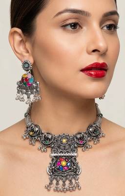 oxidised silver multicolor stone navratri jewellery set with maang tikka 1