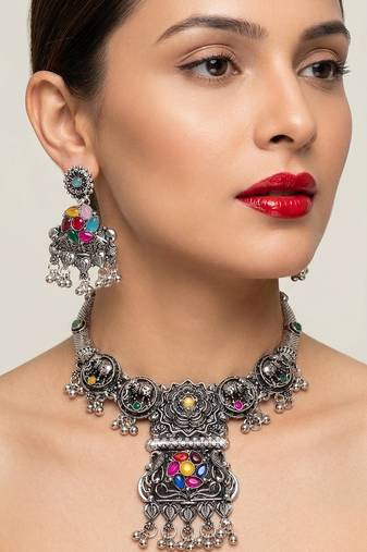 oxidised silver multicolor stone navratri jewellery set with maang tikka