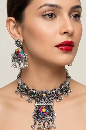 oxidised silver multicolor stone navratri jewellery set with maang tikka