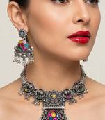 oxidised silver multicolor stone navratri jewellery set with maang tikka