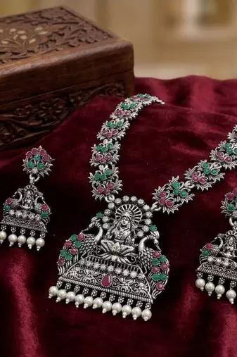 south indian temple jewelry set antique silver multicolor haram necklace jhumka earrings ethnic bridal wedding jewelry