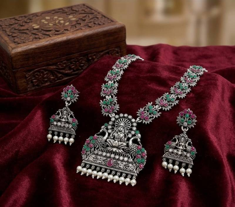 south indian temple jewelry set antique silver multicolor haram necklace jhumka earrings ethnic bridal wedding jewelry