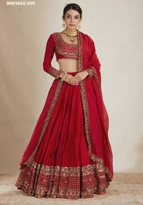 red silk blend embroidered wedding lehenga choli 1