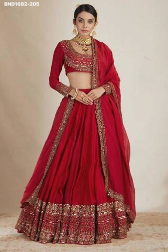 red silk blend embroidered wedding lehenga choli