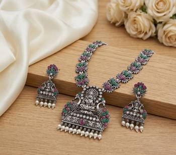 south indian temple jewelry set antique silver multicolor haram necklace jhumka earrings ethnic bridal wedding jewelry 3