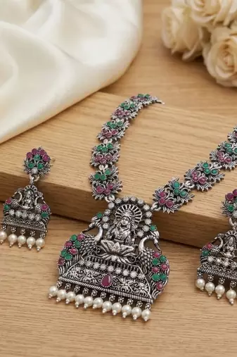 south indian temple jewelry set antique silver multicolor haram necklace jhumka earrings ethnic bridal wedding jewelry