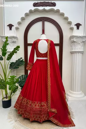 red silk blend embroidered wedding lehenga choli