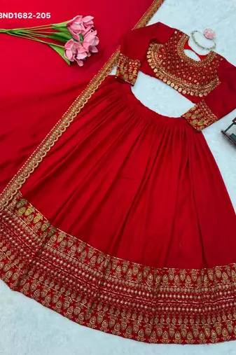 red silk blend embroidered wedding lehenga choli
