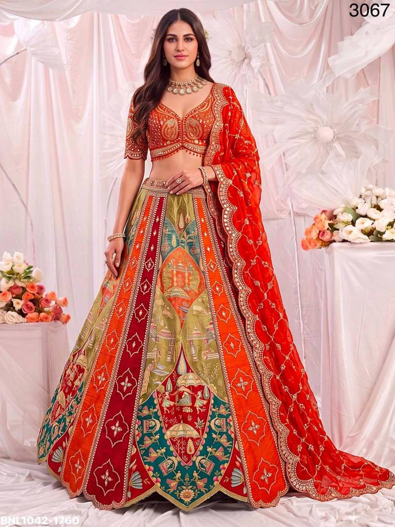 multicolor silk blend embroidered party lehenga choli