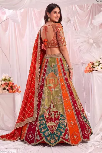 multicolor silk blend embroidered party lehenga choli