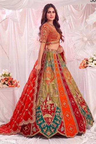multicolor silk blend embroidered party lehenga choli