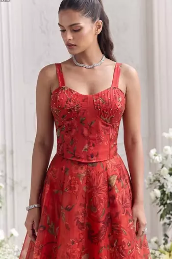 orange organza printed festival lehenga choli