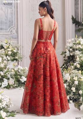 orange organza printed festival lehenga choli 4