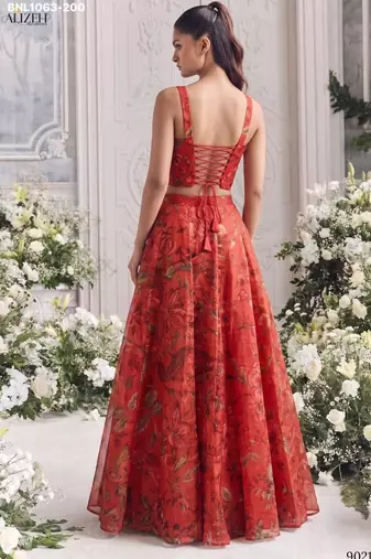 orange organza printed festival lehenga choli