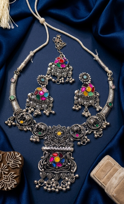 oxidised silver multicolor stone navratri jewellery set with maang tikka 2