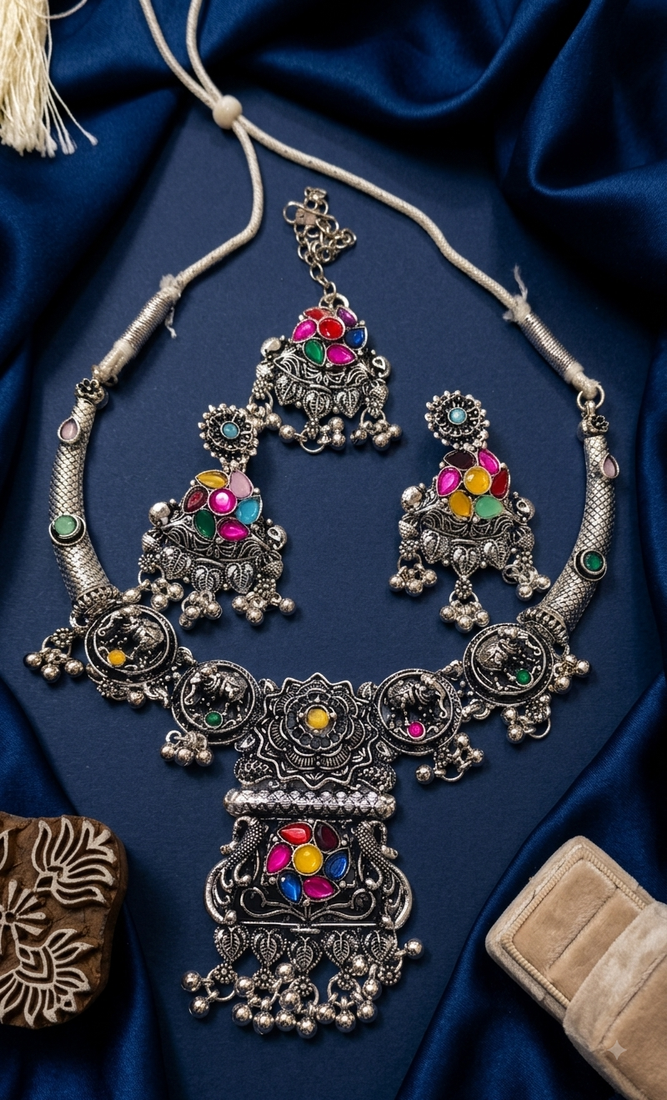 oxidised silver multicolor stone navratri jewellery set with maang tikka