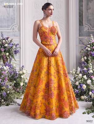 yellow organza printed festival lehenga choli 1