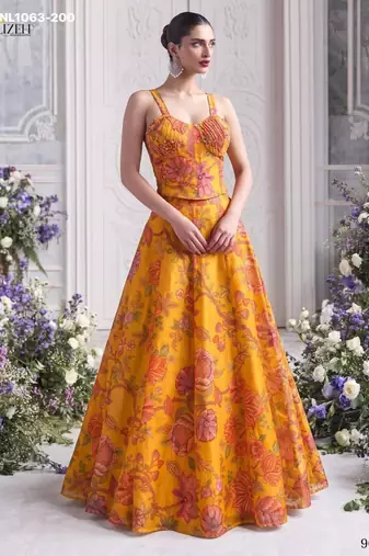 yellow organza printed festival lehenga choli