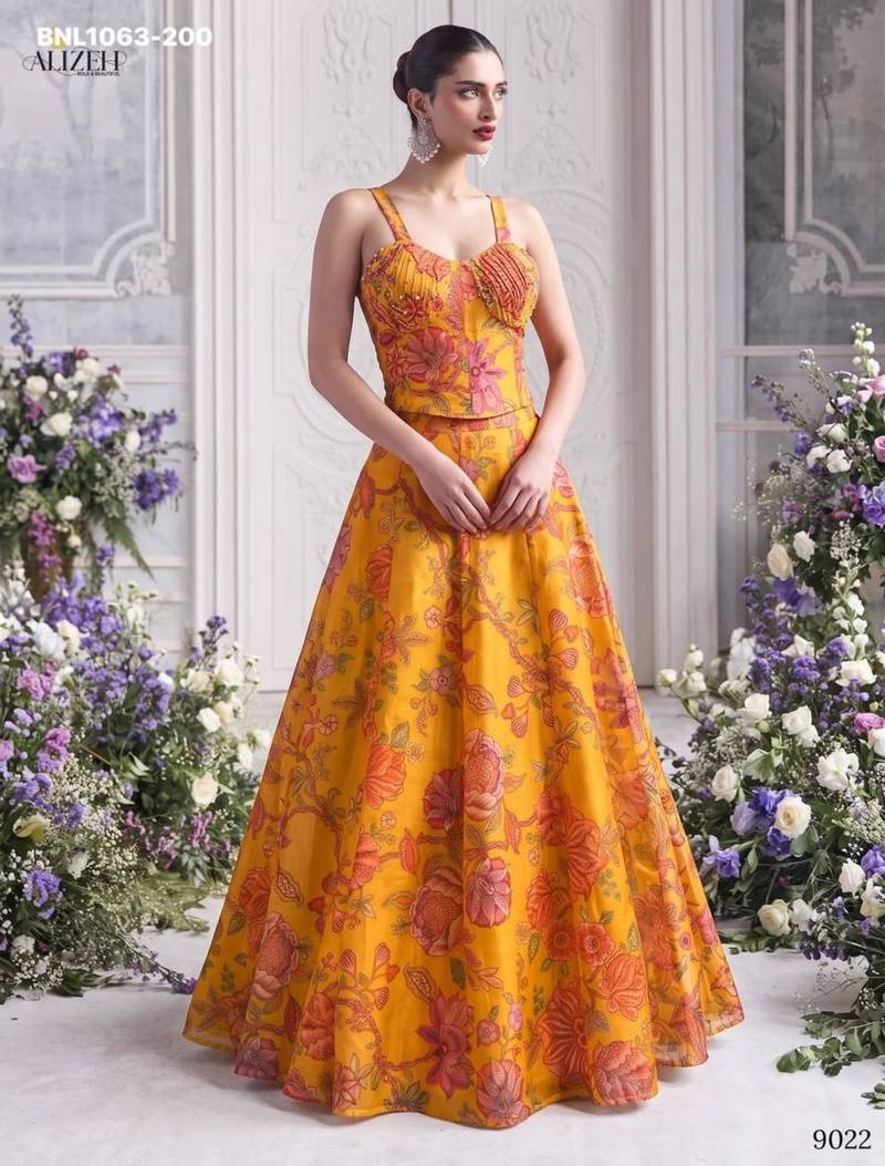 yellow organza printed festival lehenga choli