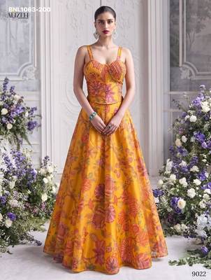 yellow organza printed festival lehenga choli 2